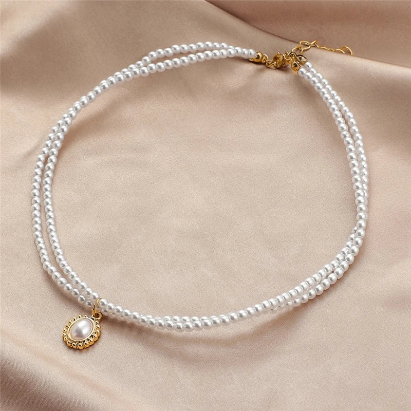 Korean Elegant Pearl Beads Necklace for Women Fashion Rhinestone Shell Heart Pendant Necklace Girl Charms Vintage Choker Jewelry