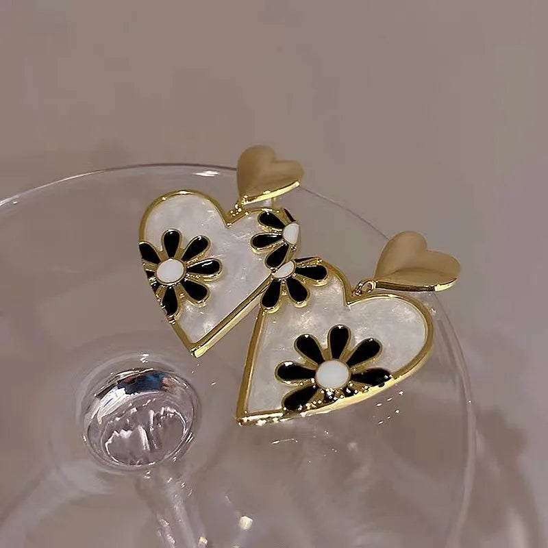 Korean Exquisite Heart Flower Drop Earrings For Women Girl Dangle Earring Girl Temperament Trendy Jewelry Valentine's Day Gifts