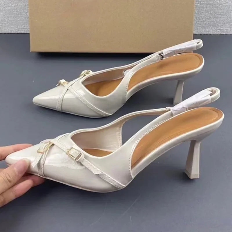 Pointed Toe High Heels Women Sandals 2025 Summer Brand Designer White Ladies Wedding Shoes Trendy Buckle Mules Footwear