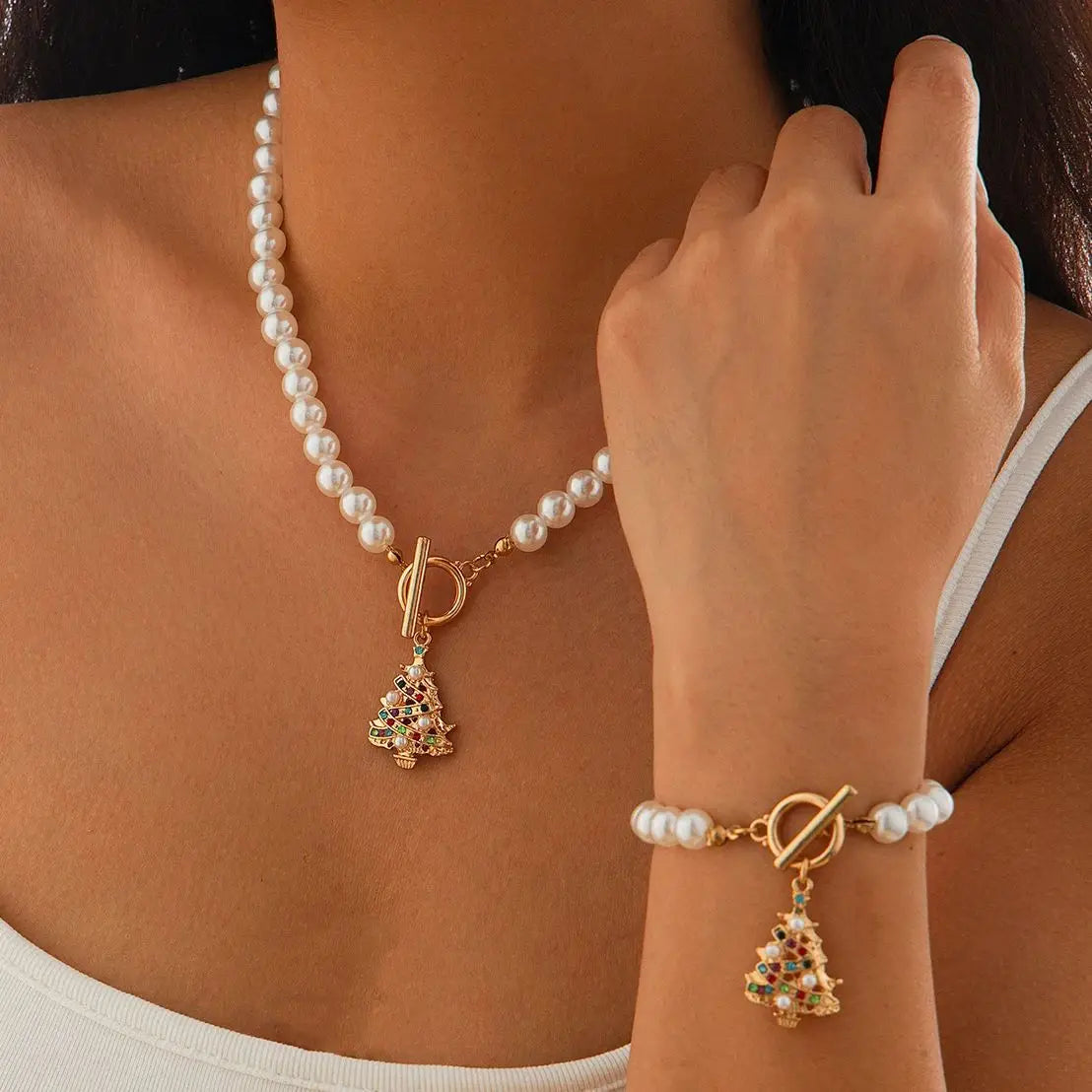 SHIXIN 2Pcs Christmas Tree Snowflake Pendant Necklace Bracelet Women Elegant Imitation Pearl Choker Bangle Christmas Jewelry Set