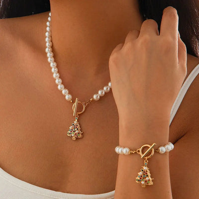 SHIXIN 2Pcs Christmas Tree Snowflake Pendant Necklace Bracelet Women Elegant Imitation Pearl Choker Bangle Christmas Jewelry Set