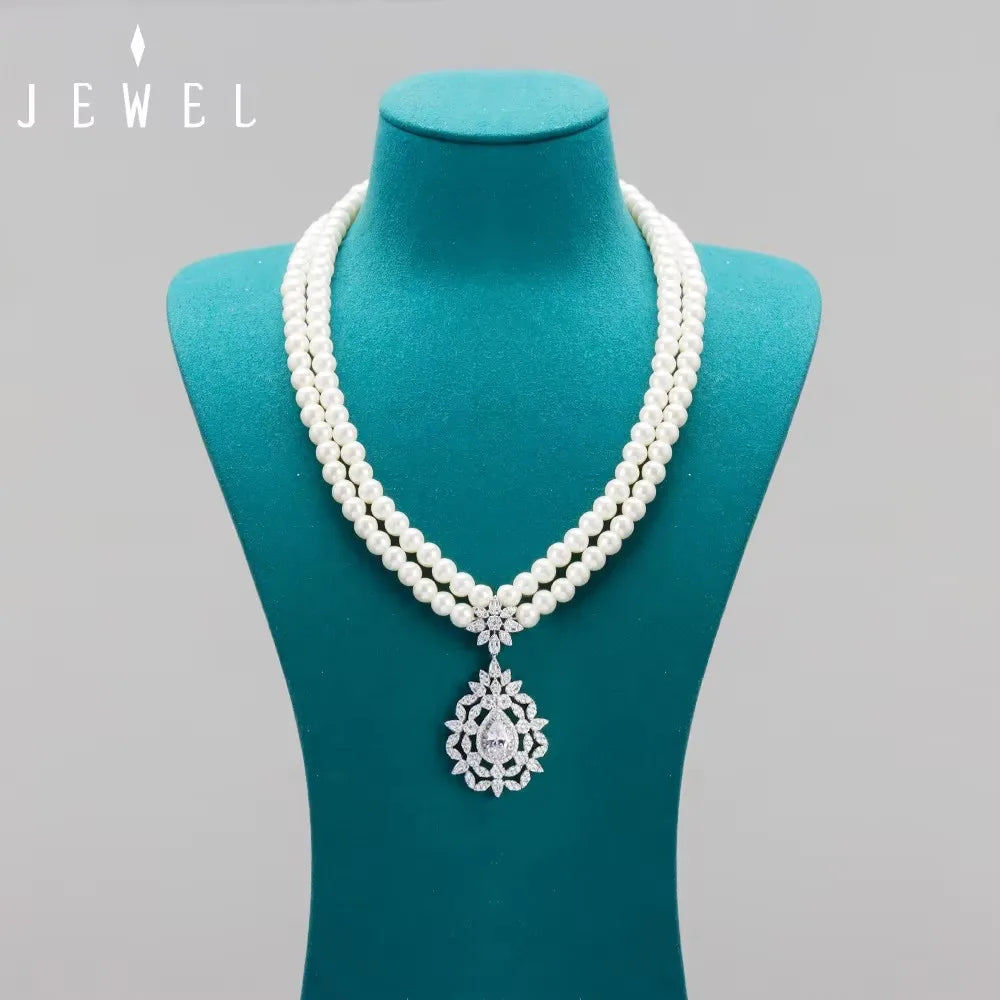 JEWEL Luxury Bride Pearl Zircon Jewelry Off-White Double-Deck for Women Korean Temperament Short Collarbone Earring Necklace Set