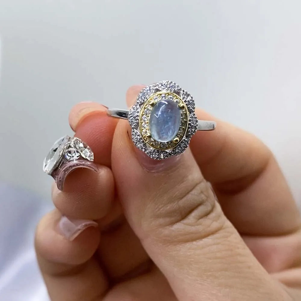 HOYON Natural Sea Blue Treasure Women's Ring s925 Sterling Silver Luxury Crystal Colored Gemstone Retro Palace Jewelry  Gift