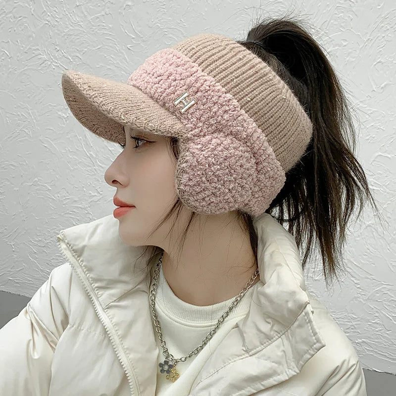 CNTANG 2024 Fashion Trend With Earflaps Empty Top Baseball Caps Lambswool Knitted Women's Hat Autumn Winter Thicker Warm Cap