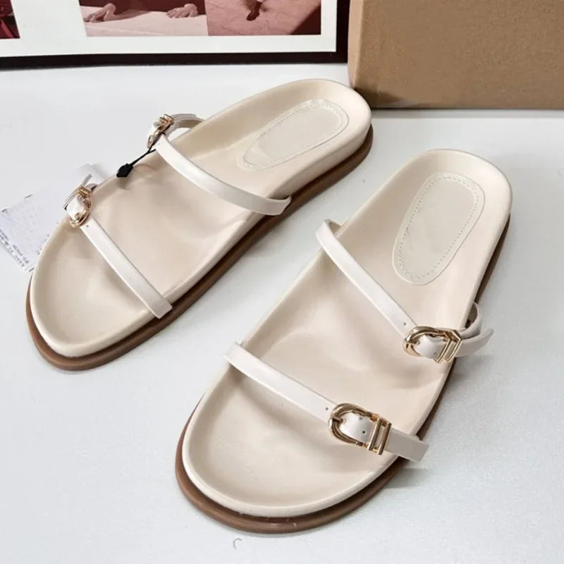 2025 Summer Outdoor Flat Women Slippers Comfortable Soft Sole Ladies Beach Shoes Chic Metal Buckle Belt Solid Female Slides