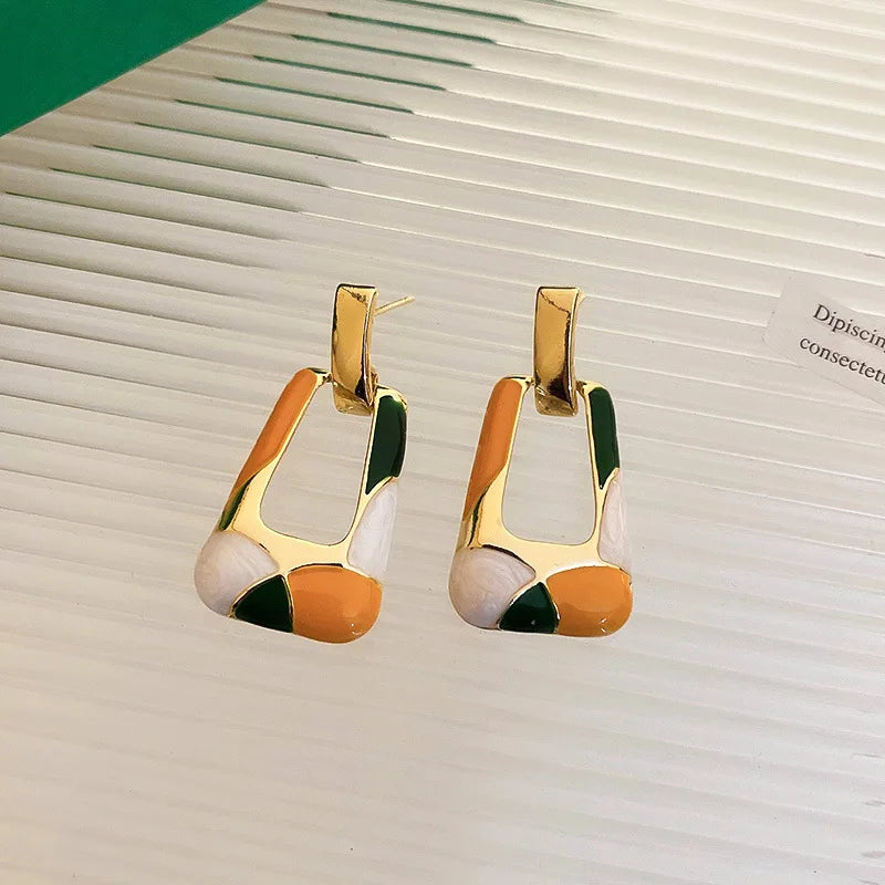 Minar 2023 Hot Sale Trapezoid Colorful Enamel Earring For Women Hollow Geometric Long Dangle Earrings Korean Style Party Jewelry