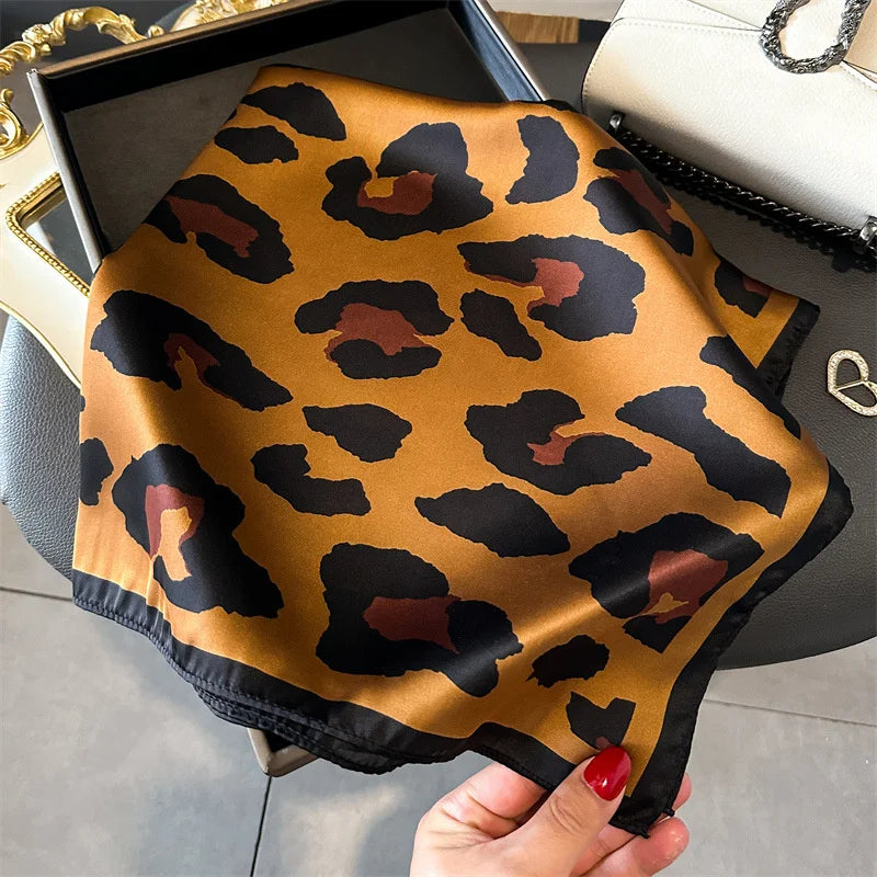 Fashion Leopard Print Silk Hairbands Scarf Women 2024 New Elagant Bandana Neck Kerchief Head Bands Foulard Female Scarfs