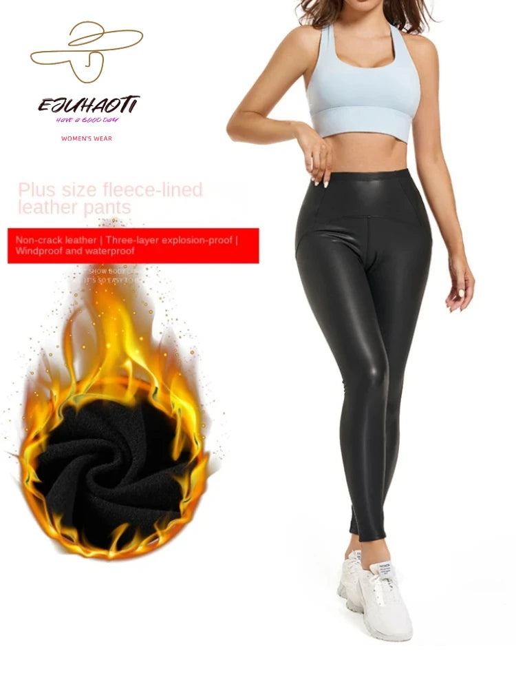 Women Oversize Leggings Sexy PU Leather Pants Spring Autumn Thin Velvet Artificial Increase Matte Trousers Tight