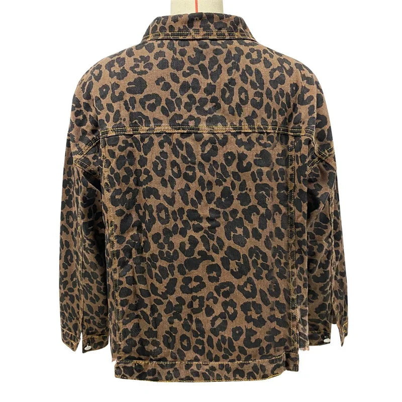 Fashion Leopard Print Tassel Hem Jacket Women Casual Outerwear Female Spring Autumn Lapel Single-breasted Cardigan Denim Coat 24