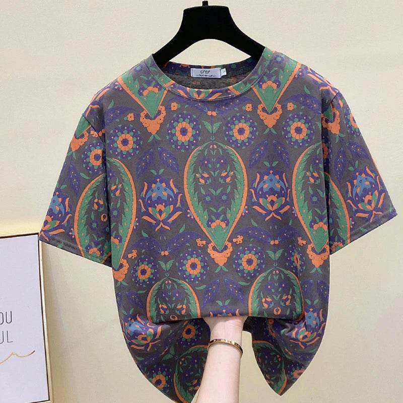 Fashion Casual Round Neck T-Shirts Loose Straight Pullovers Simplicity Printing Short Sleeve Summer Thin Women's Clothing 2023