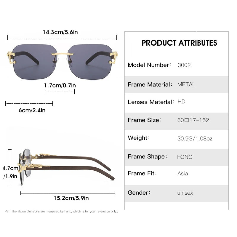 New Square Rimless Metal Frame Men's Sunglasses Fashion Vintage cool Leopard Design Women frameless Sun Glasses Uv400 Driving